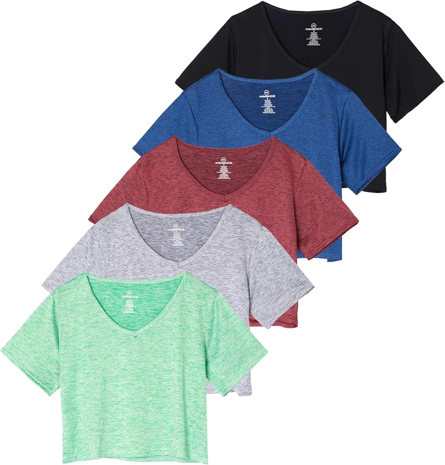 Real Essentials 5 Pack: Women's Dry-Fit Short Sleeve V-Neck Crop Top Boxy Athletic Tee