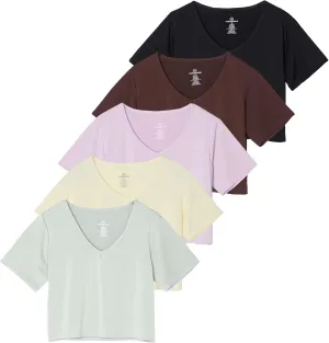 Real Essentials 5 Pack: Women's Dry-Fit Short Sleeve V-Neck Crop Top Boxy Athletic Tee