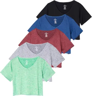 Real Essentials 5 Pack: Women's Dry-Fit Short Sleeve V-Neck Crop Top Boxy Athletic Tee