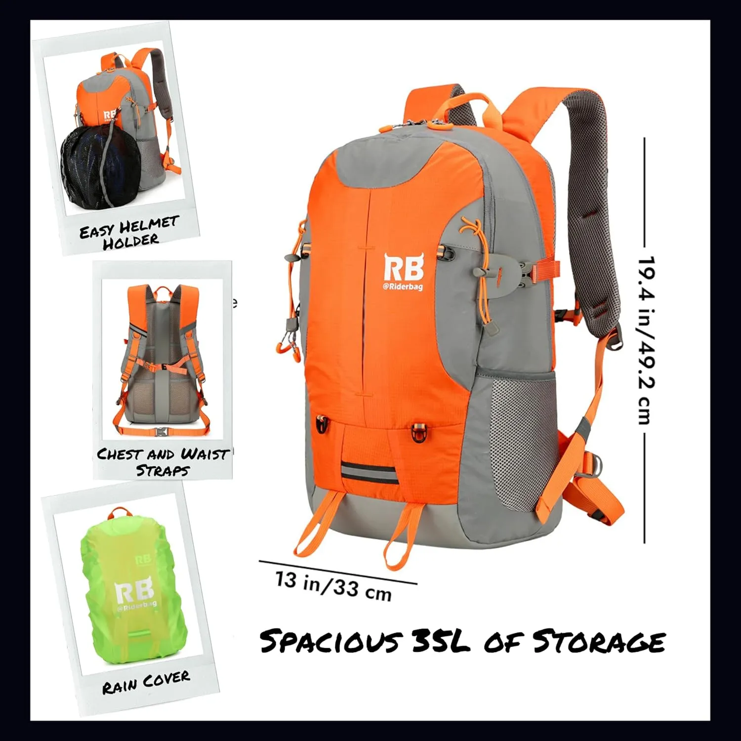 Reflective Motorcycle Backpack 35L, Lightweight Water-Resistant Daypack with Laptop Pocket for Commuting, Biking, and Daily Use – Orange