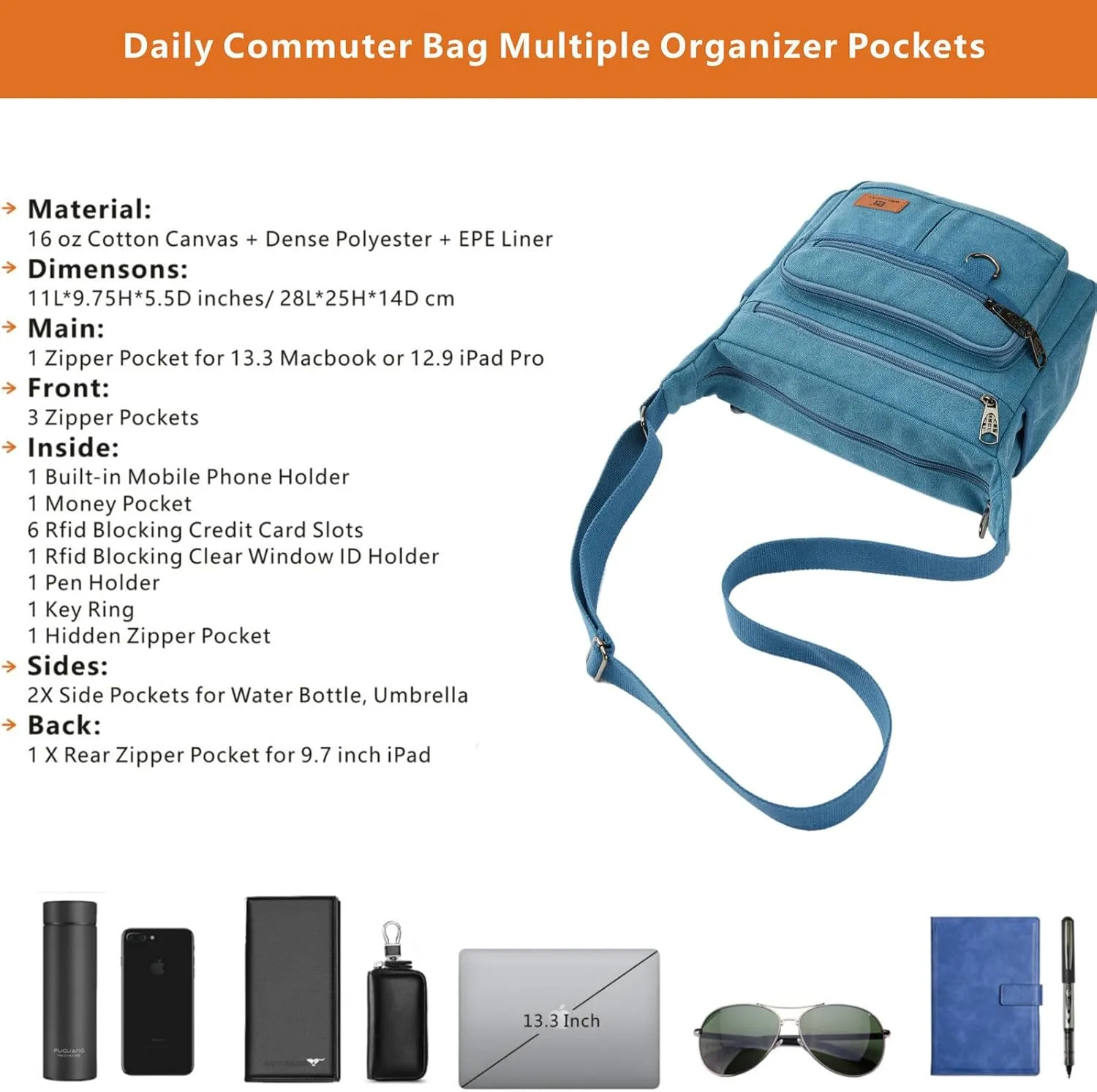 Rfid Crossbody Messenger Bag with Water Bottle Holders, 13 inch Laptop Shoulder Bag, Sling Satchel Purse w/Built-in Wallet