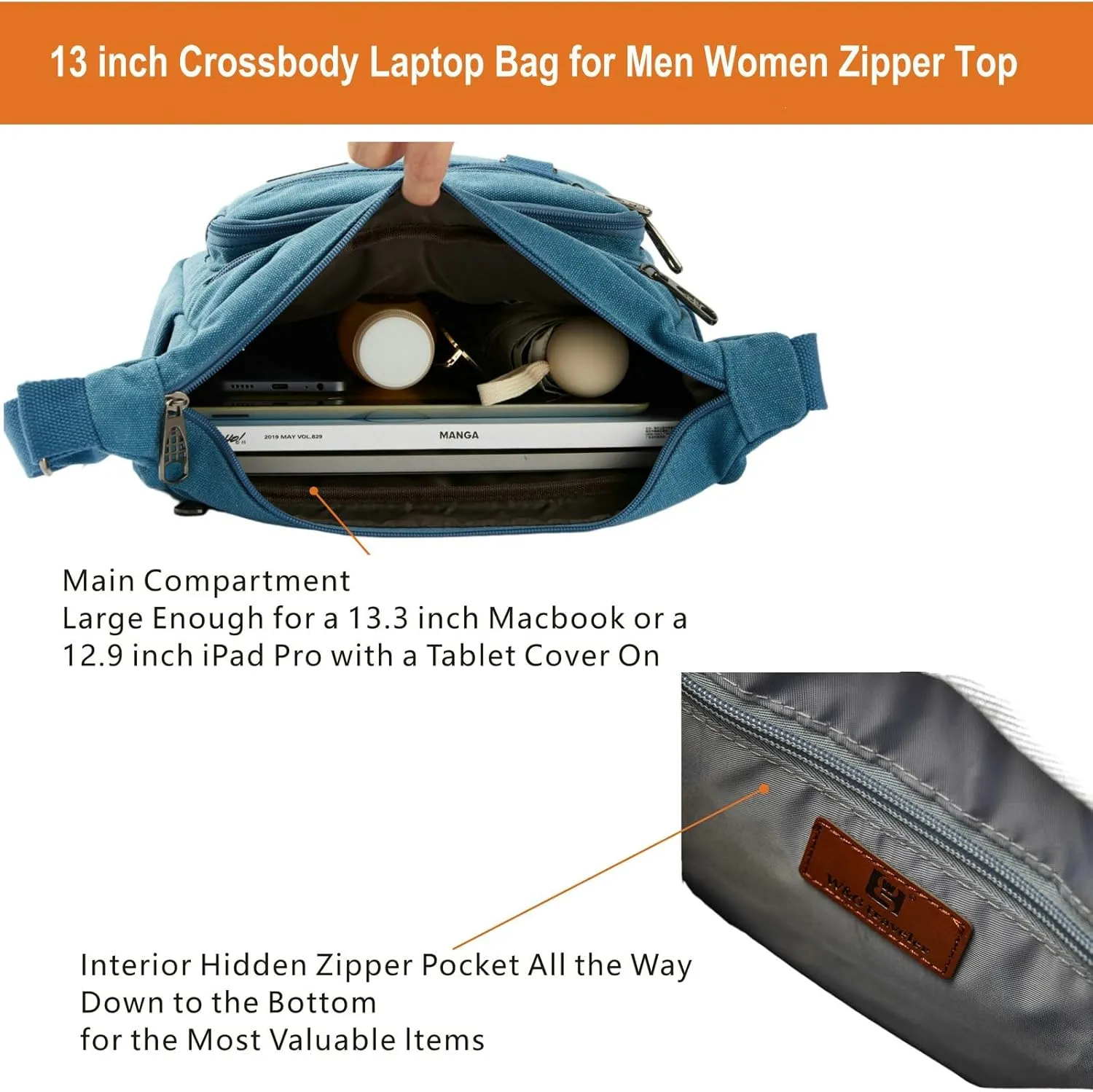 Rfid Crossbody Messenger Bag with Water Bottle Holders, 13 inch Laptop Shoulder Bag, Sling Satchel Purse w/Built-in Wallet