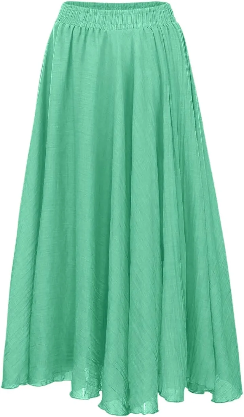 Ruffle Skirt Trendy Flared High Elastic Waist Solid Loose Pleated Long Skirts for Women Summer Vacation Clothes