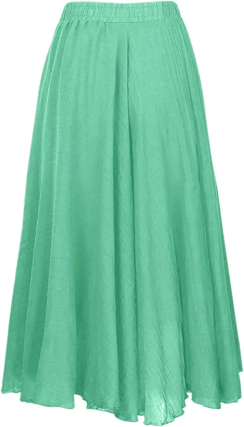 Ruffle Skirt Trendy Flared High Elastic Waist Solid Loose Pleated Long Skirts for Women Summer Vacation Clothes