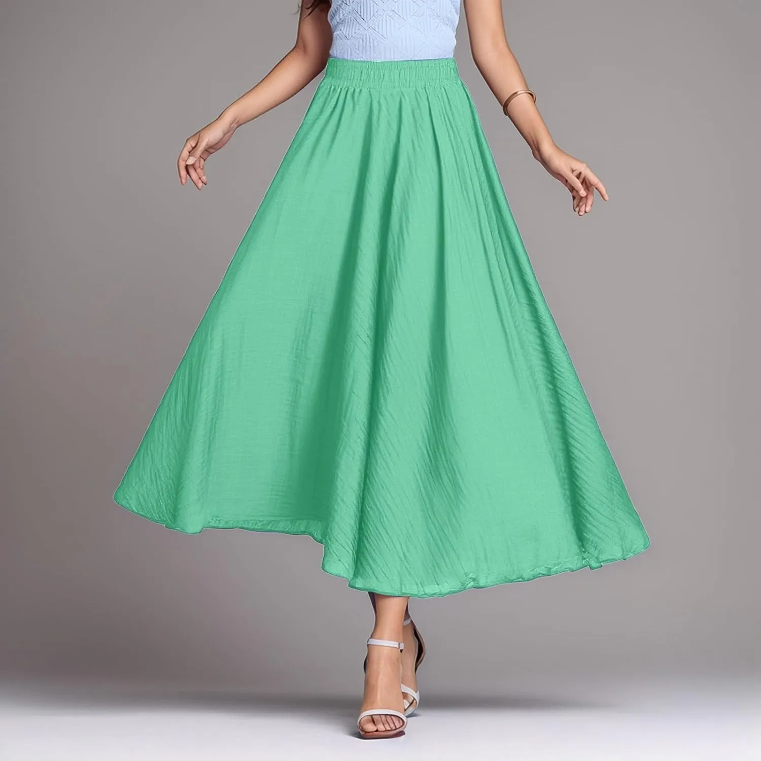 Ruffle Skirt Trendy Flared High Elastic Waist Solid Loose Pleated Long Skirts for Women Summer Vacation Clothes
