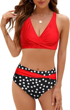 SEAFORM Womens Two Piece Swimsuits Wrap Front Bikini High Waisted Bottom Tummy Control Bathing Suits Vintage Print Swimwear