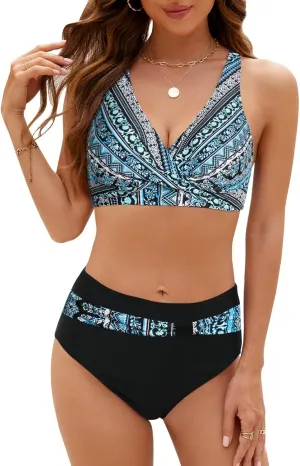 SEAFORM Womens Two Piece Swimsuits Wrap Front Bikini High Waisted Bottom Tummy Control Bathing Suits Vintage Print Swimwear