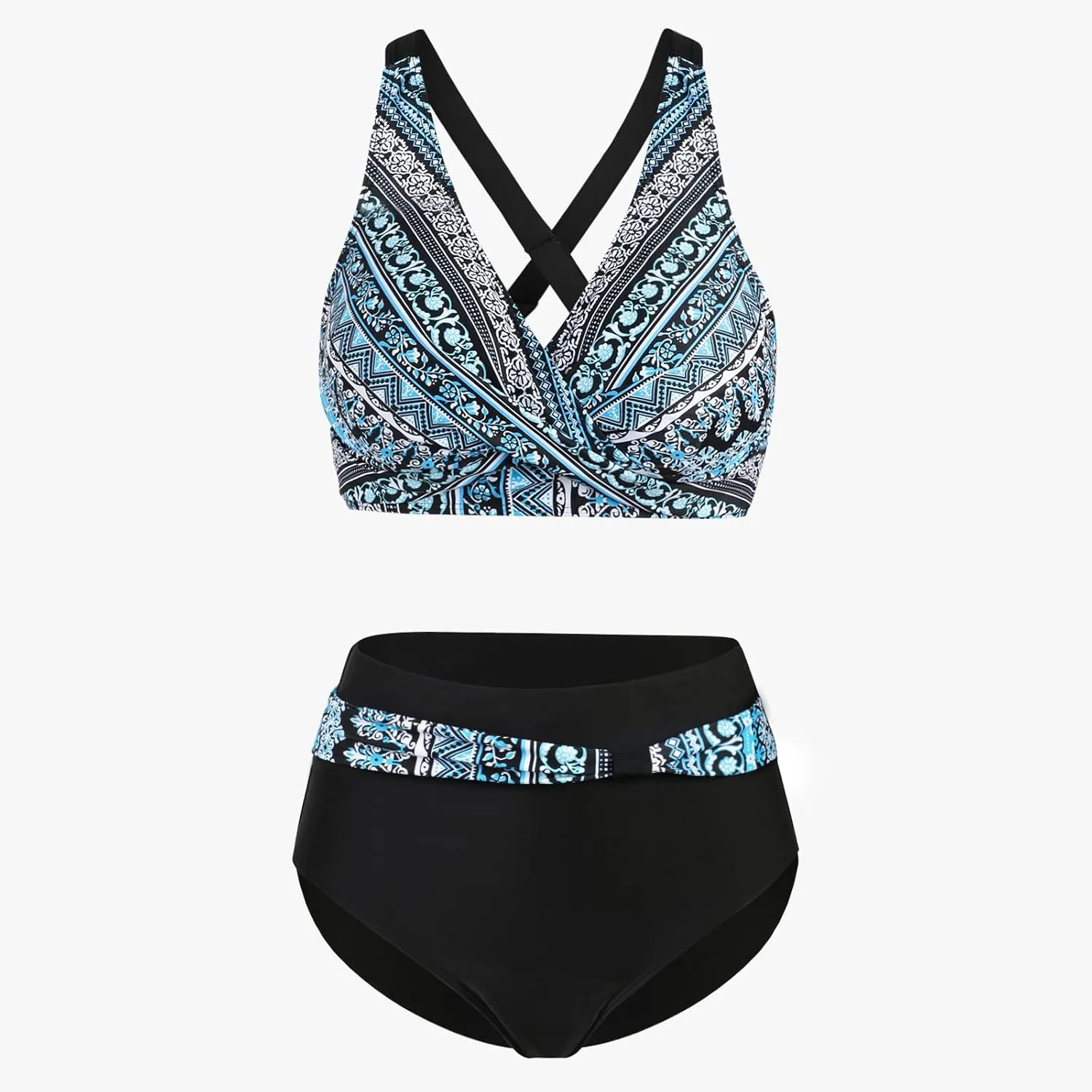 SEAFORM Womens Two Piece Swimsuits Wrap Front Bikini High Waisted Bottom Tummy Control Bathing Suits Vintage Print Swimwear