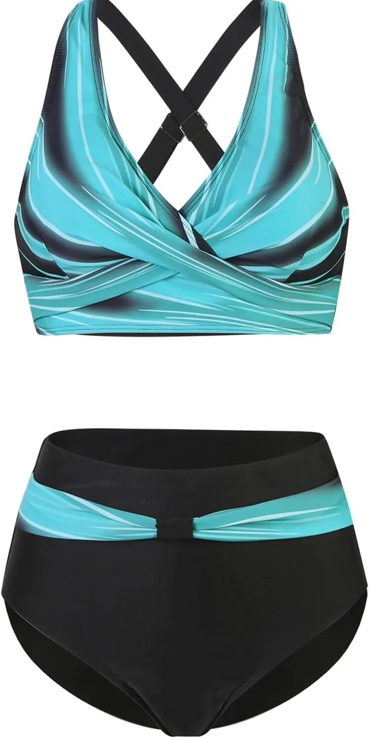 SEAFORM Womens Two Piece Swimsuits Wrap Front Bikini High Waisted Bottom Tummy Control Bathing Suits Vintage Print Swimwear