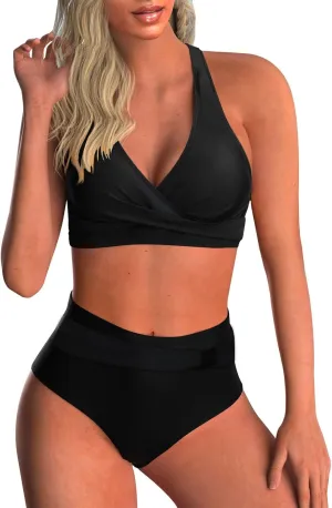 SEAFORM Womens Two Piece Swimsuits Wrap Front Bikini High Waisted Bottom Tummy Control Bathing Suits Vintage Print Swimwear
