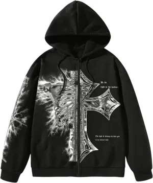 SHENHE Men's Graphic Zip Up Cross Print Hoodie Y2k Goth Hoodie Sweatshirt with Pockets