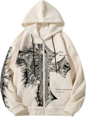 SHENHE Men's Graphic Zip Up Cross Print Hoodie Y2k Goth Hoodie Sweatshirt with Pockets