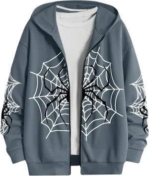 SHENHE Men's Zip Up Graphic Spiderweb Print Long Sleeve Goth Hoodie Sweatshirt Jacket