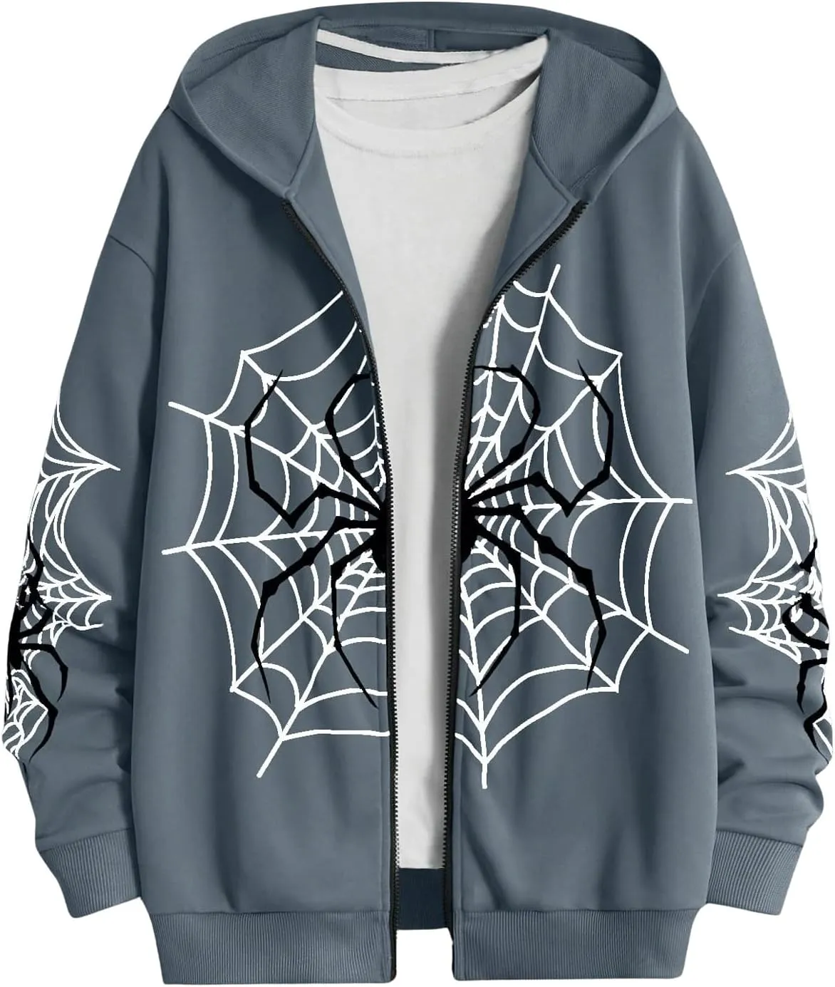 SHENHE Men's Zip Up Graphic Spiderweb Print Long Sleeve Goth Hoodie Sweatshirt Jacket