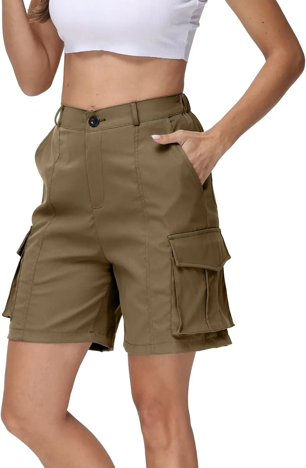 Shorts for Women Y2k Elastic High Waist Cargo Shorts Casual Knee Length Bermuda Shorts Summer Long Shorts with Pocket