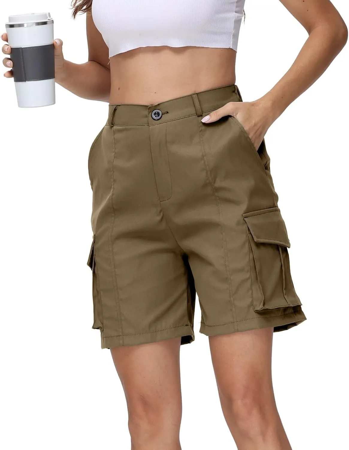 Shorts for Women Y2k Elastic High Waist Cargo Shorts Casual Knee Length Bermuda Shorts Summer Long Shorts with Pocket