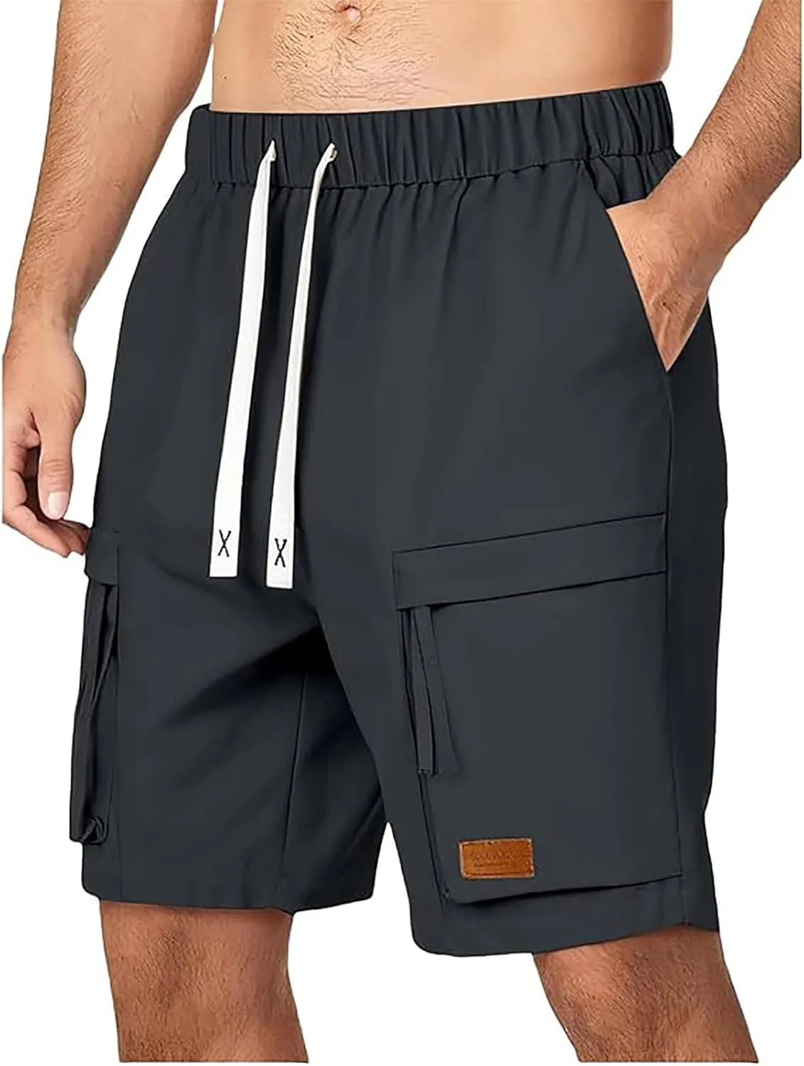 Sinzelimin Men's Cargo Shorts Fashion Multiple Pockets Lace up Elastic Waist Comfy Breathable Workwear Fishing Cropped Pants