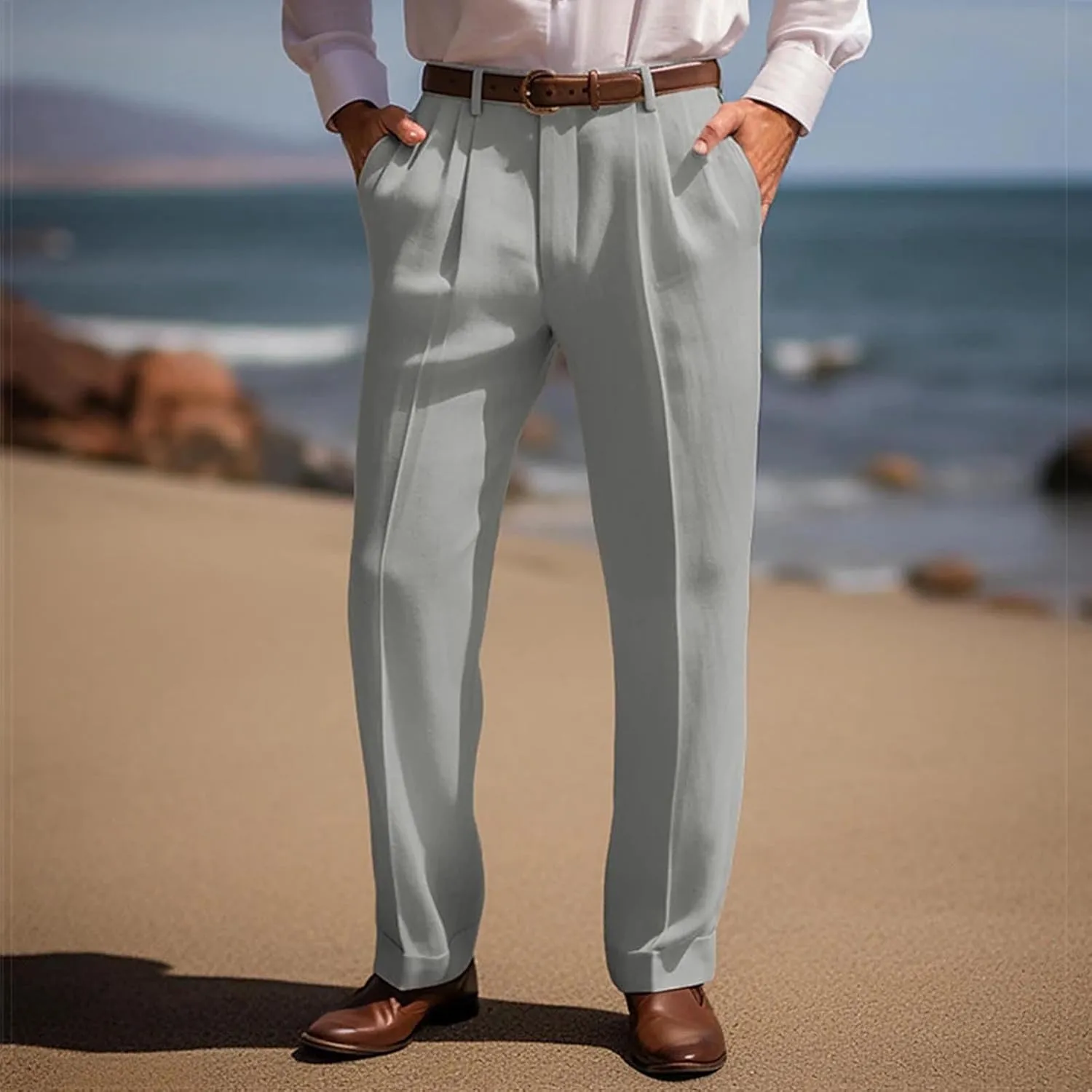 Slim Fit Linen Pants for Men Business Casual Trousers Stretch Comfortable Summer Office Travel Dress Pants