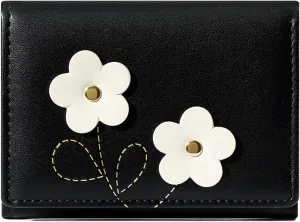 Small Cute Wallet for Girl Women Flower Tri-Fold Slim Wallets Cash Pocket PU Leather Card Holder Coin Purse with ID Window (BLACK)