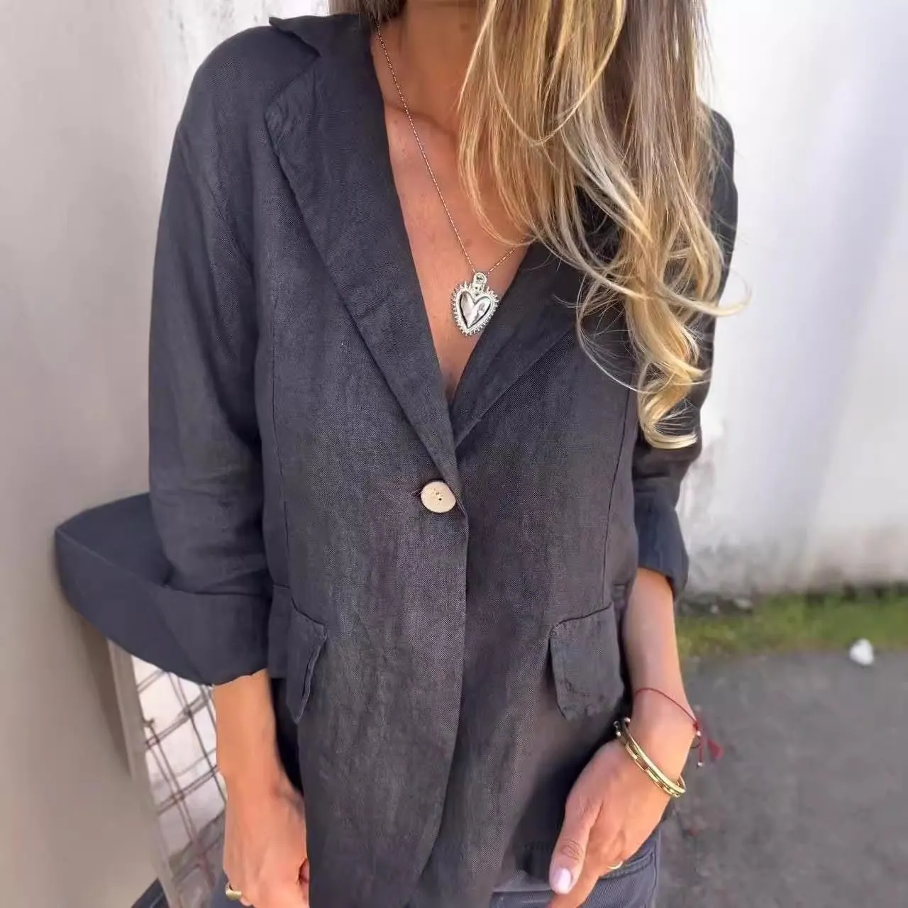 Southwestm Cotton and Linen Casual Lapel Single-Button Thin Coat, Women Summer Long Sleeve Loose Casual Comfy Blazer