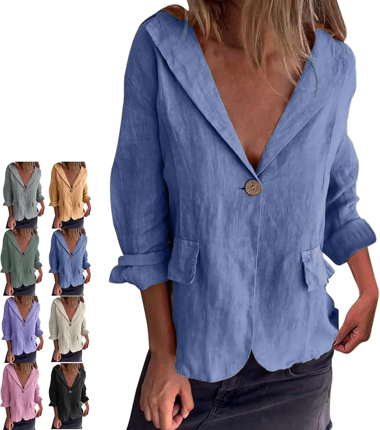 Southwestm Cotton and Linen Casual Lapel Single-Button Thin Coat, Women Summer Long Sleeve Loose Casual Comfy Blazer