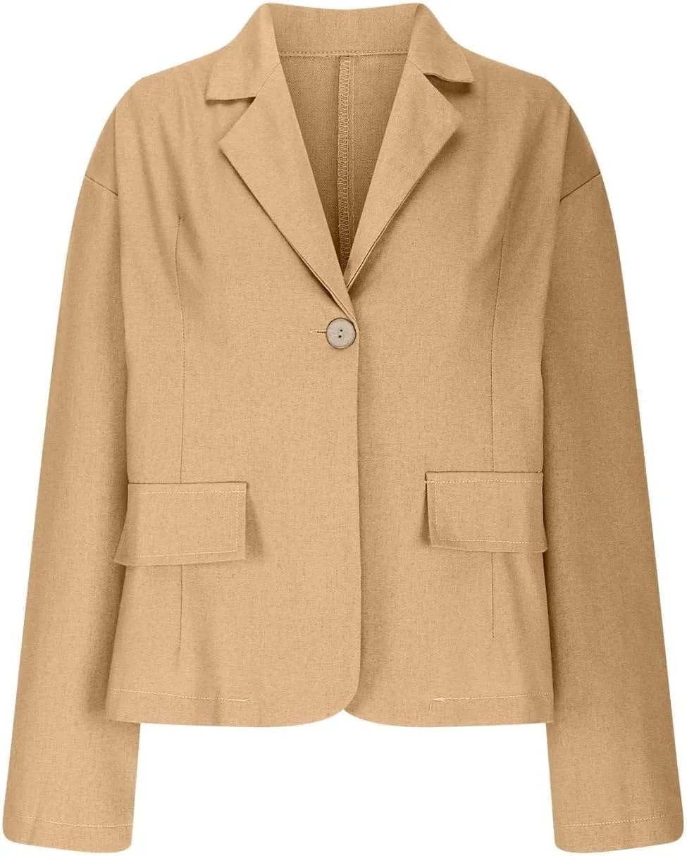 Southwestm Cotton and Linen Casual Lapel Single-Button Thin Coat, Women Summer Long Sleeve Loose Casual Comfy Blazer