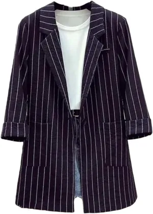 Spring Autumn Women Blazers Notched Collar Stripe Suit Coat Casual Office Blazer Slim Outerwear