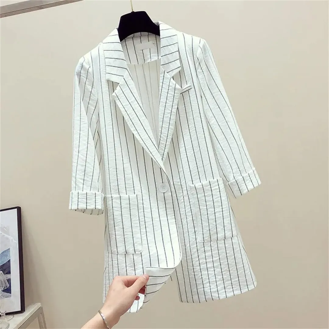 Spring Autumn Women Blazers Notched Collar Stripe Suit Coat Casual Office Blazer Slim Outerwear