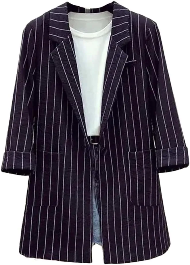Spring Autumn Women Blazers Notched Collar Stripe Suit Coat Casual Office Blazer Slim Outerwear