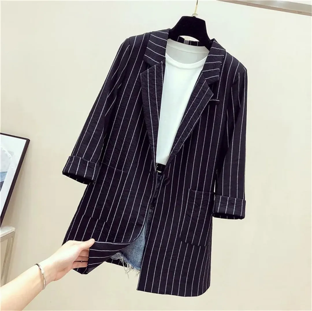 Spring Autumn Women Blazers Notched Collar Stripe Suit Coat Casual Office Blazer Slim Outerwear