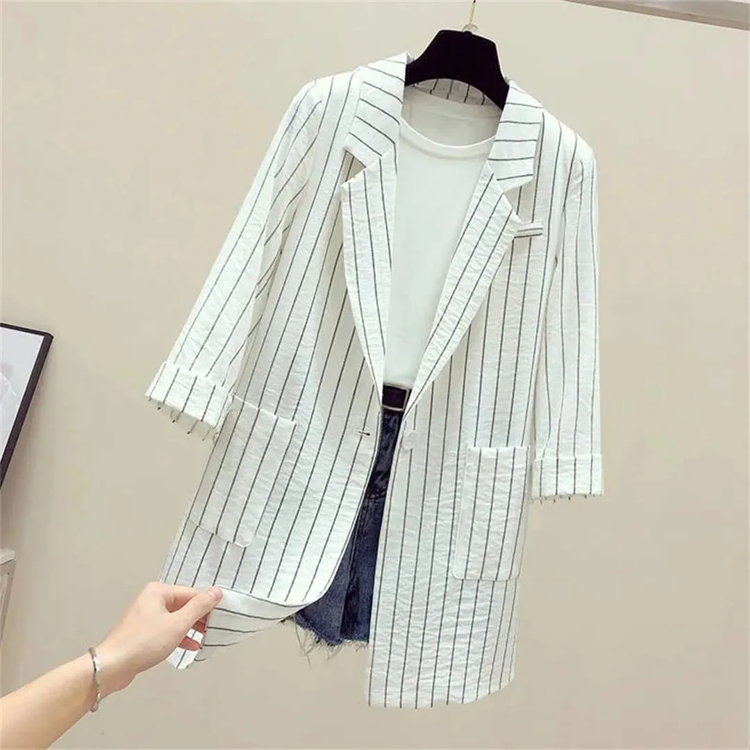 Spring Autumn Women Blazers Notched Collar Stripe Suit Coat Casual Office Blazer Slim Outerwear