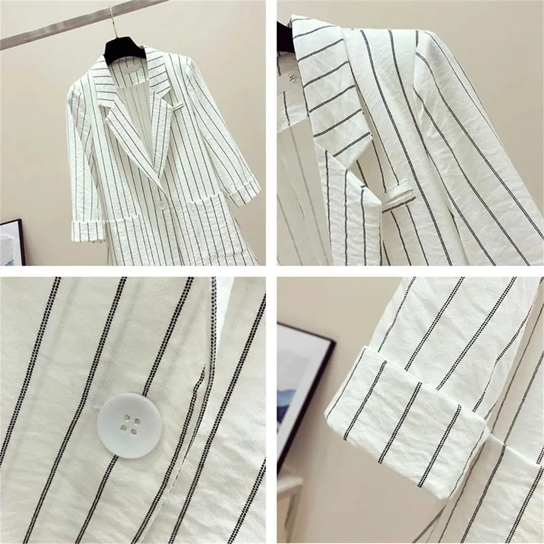 Spring Autumn Women Blazers Notched Collar Stripe Suit Coat Casual Office Blazer Slim Outerwear