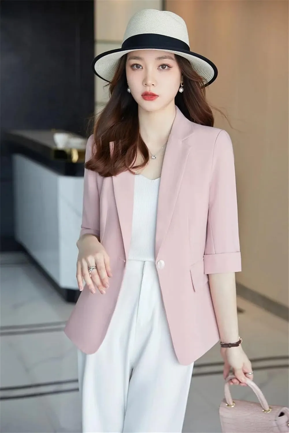 Spring Summer Women Blazer Jacket Half Sleeve Office Ladies Work Business Uniform Outerwear