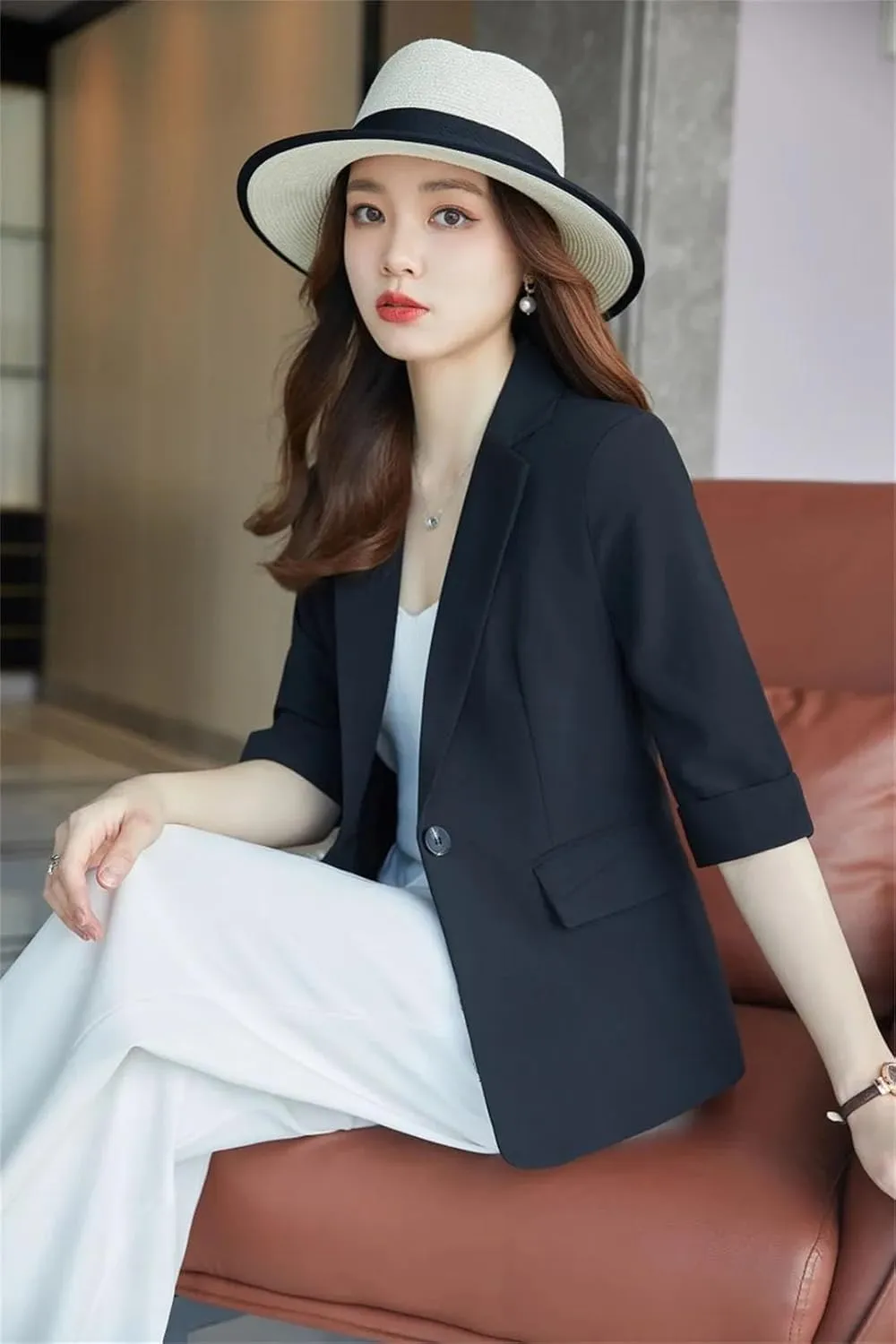 Spring Summer Women Blazer Jacket Half Sleeve Office Ladies Work Business Uniform Outerwear