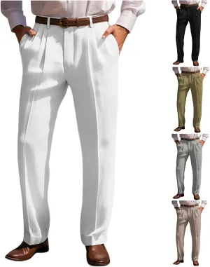 Suit Dress Pants for Men Vintage Slim Fit Stretchy Pant Cotton Linen Breathable Straight Leg Trousers Pleated Slacks