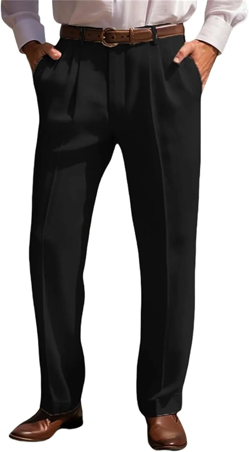 Suit Dress Pants for Men Vintage Slim Fit Stretchy Pant Cotton Linen Breathable Straight Leg Trousers Pleated Slacks