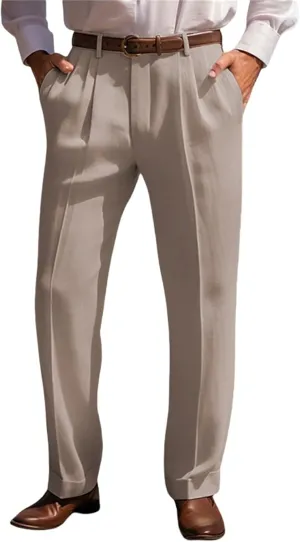 Suit Dress Pants for Men Vintage Slim Fit Stretchy Pant Cotton Linen Breathable Straight Leg Trousers Pleated Slacks