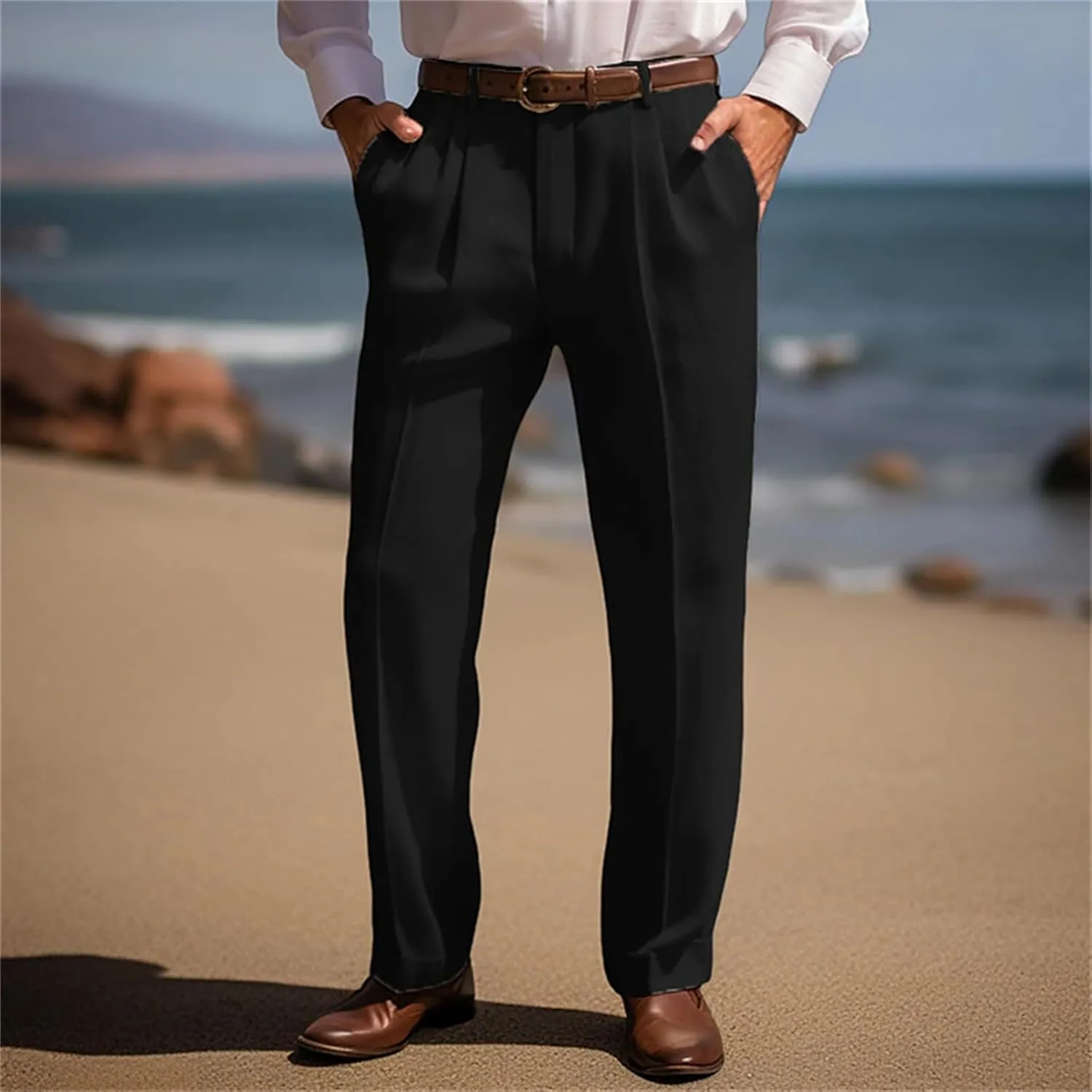 Suit Dress Pants for Men Vintage Slim Fit Stretchy Pant Cotton Linen Breathable Straight Leg Trousers Pleated Slacks