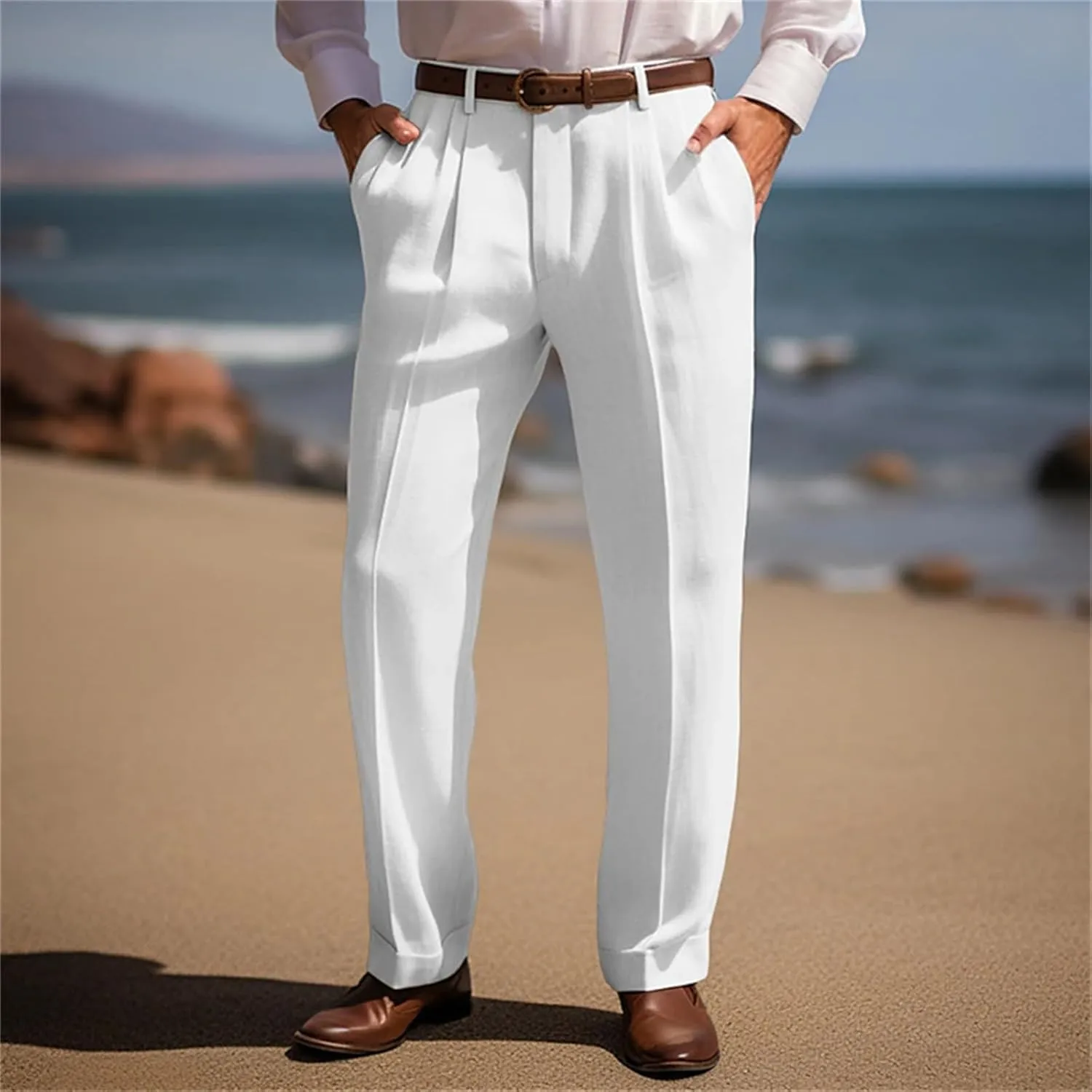 Suit Dress Pants for Men Vintage Slim Fit Stretchy Pant Cotton Linen Breathable Straight Leg Trousers Pleated Slacks