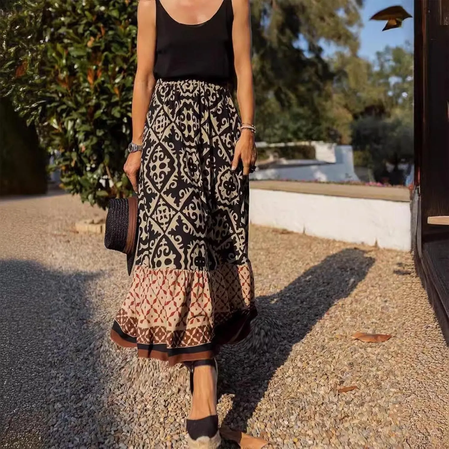 Summer Elegant Maxi Skirt for Women Pleated Beach Long Skirt Vintage Print Casual Vacation Boho High Waist Skirt