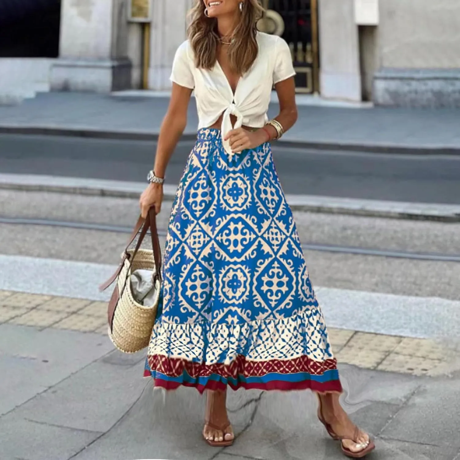 Summer Elegant Maxi Skirt for Women Pleated Beach Long Skirt Vintage Print Casual Vacation Boho High Waist Skirt