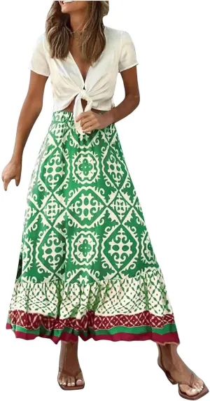 Summer Elegant Maxi Skirt for Women Pleated Beach Long Skirt Vintage Print Casual Vacation Boho High Waist Skirt