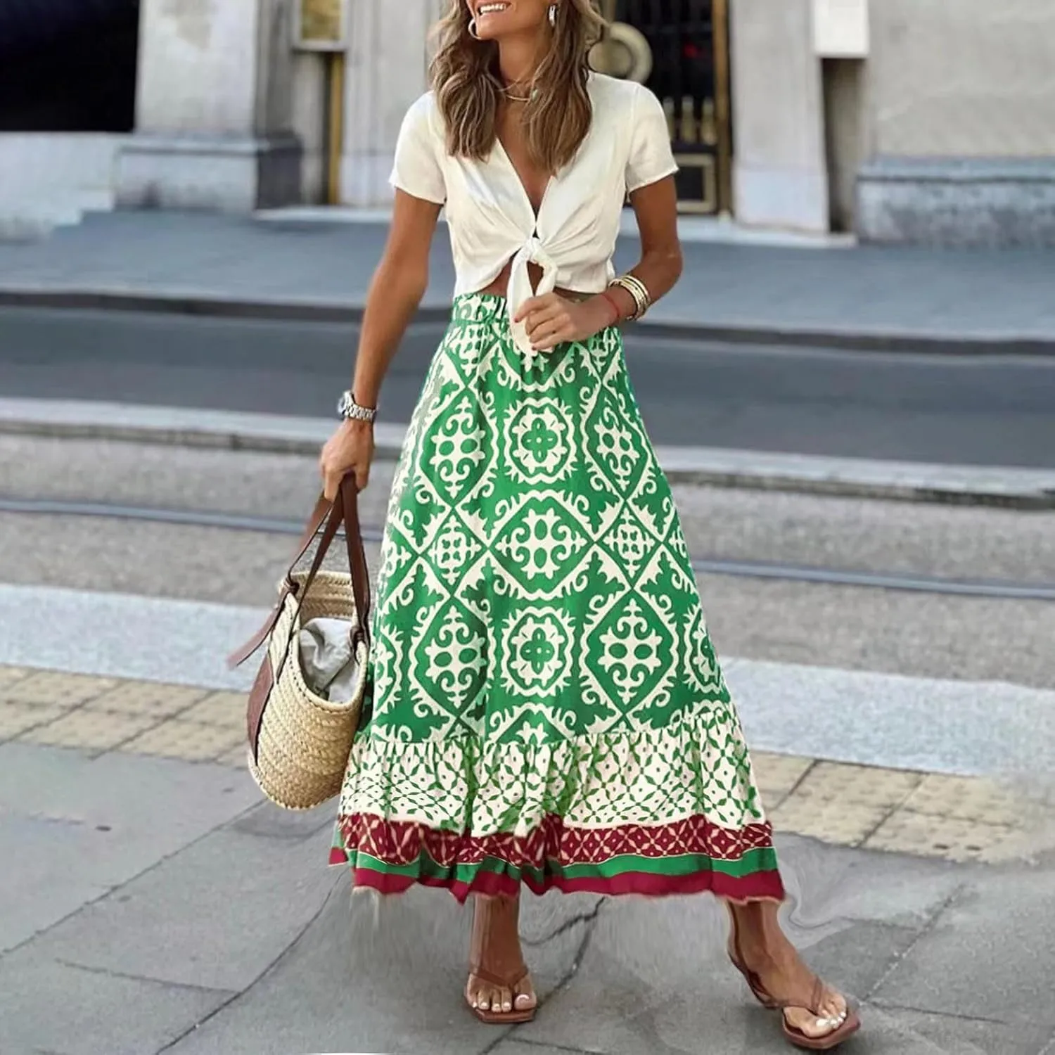 Summer Elegant Maxi Skirt for Women Pleated Beach Long Skirt Vintage Print Casual Vacation Boho High Waist Skirt