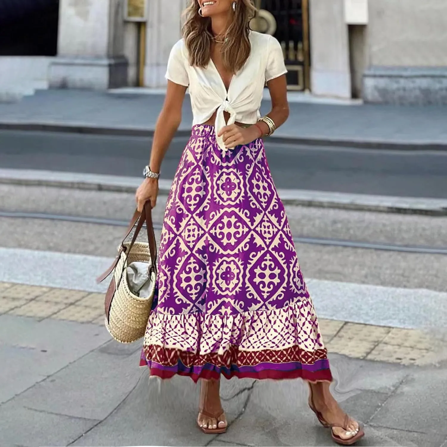 Summer Elegant Maxi Skirt for Women Pleated Beach Long Skirt Vintage Print Casual Vacation Boho High Waist Skirt