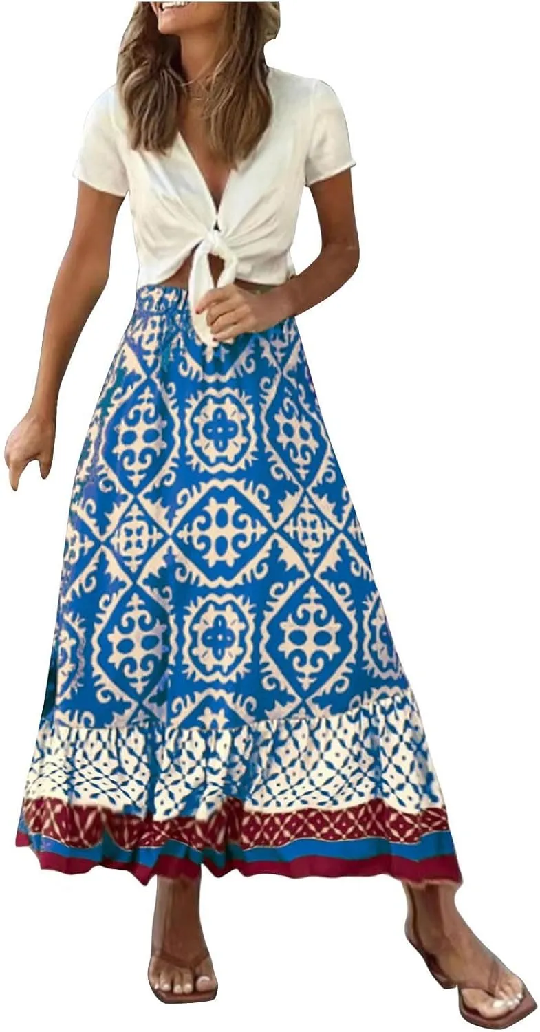 Summer Elegant Maxi Skirt for Women Pleated Beach Long Skirt Vintage Print Casual Vacation Boho High Waist Skirt