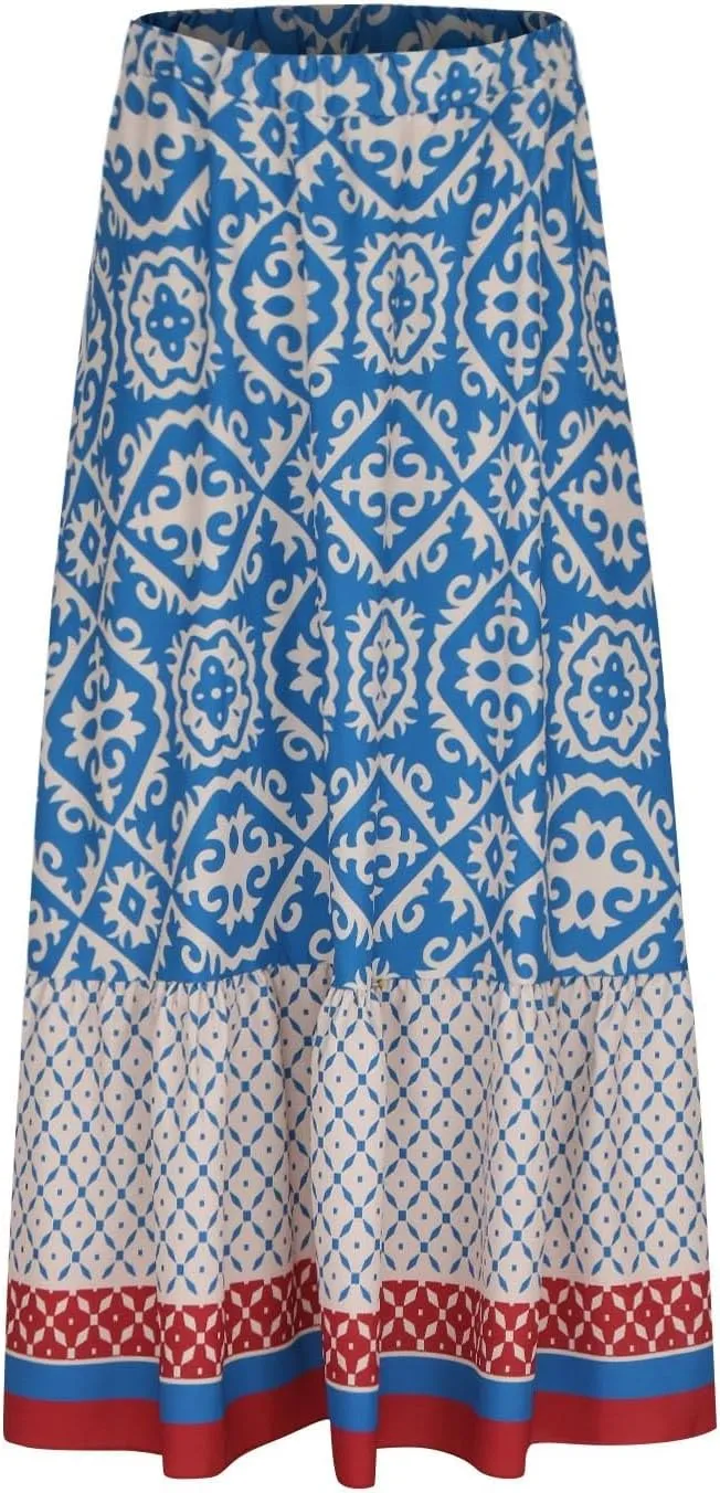 Summer Elegant Maxi Skirt for Women Pleated Beach Long Skirt Vintage Print Casual Vacation Boho High Waist Skirt