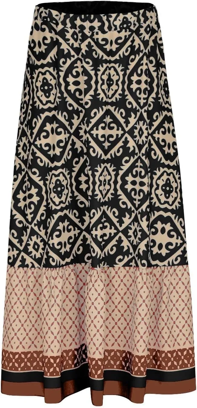 Summer Elegant Maxi Skirt for Women Pleated Beach Long Skirt Vintage Print Casual Vacation Boho High Waist Skirt