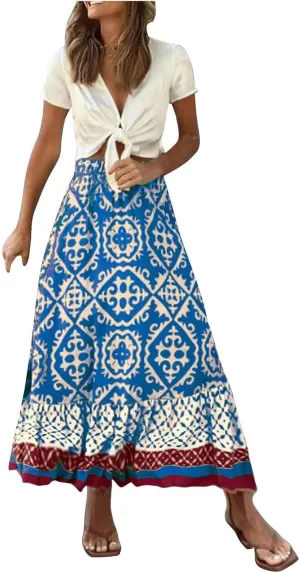 Summer Elegant Maxi Skirt for Women Pleated Beach Long Skirt Vintage Print Casual Vacation Boho High Waist Skirt