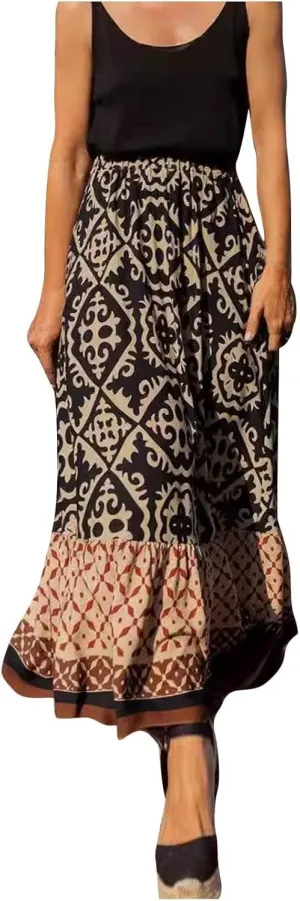 Summer Elegant Maxi Skirt for Women Pleated Beach Long Skirt Vintage Print Casual Vacation Boho High Waist Skirt