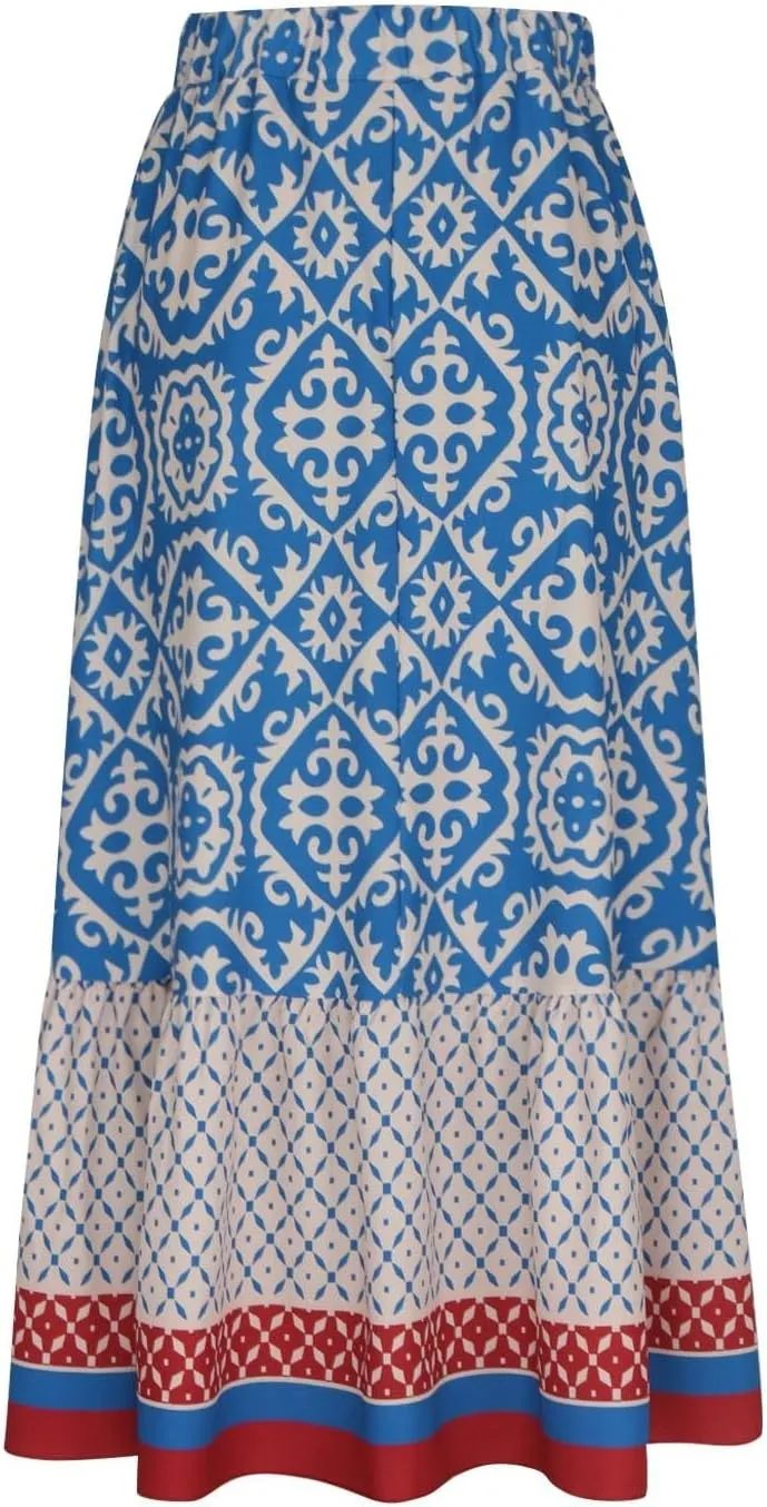 Summer Elegant Maxi Skirt for Women Pleated Beach Long Skirt Vintage Print Casual Vacation Boho High Waist Skirt